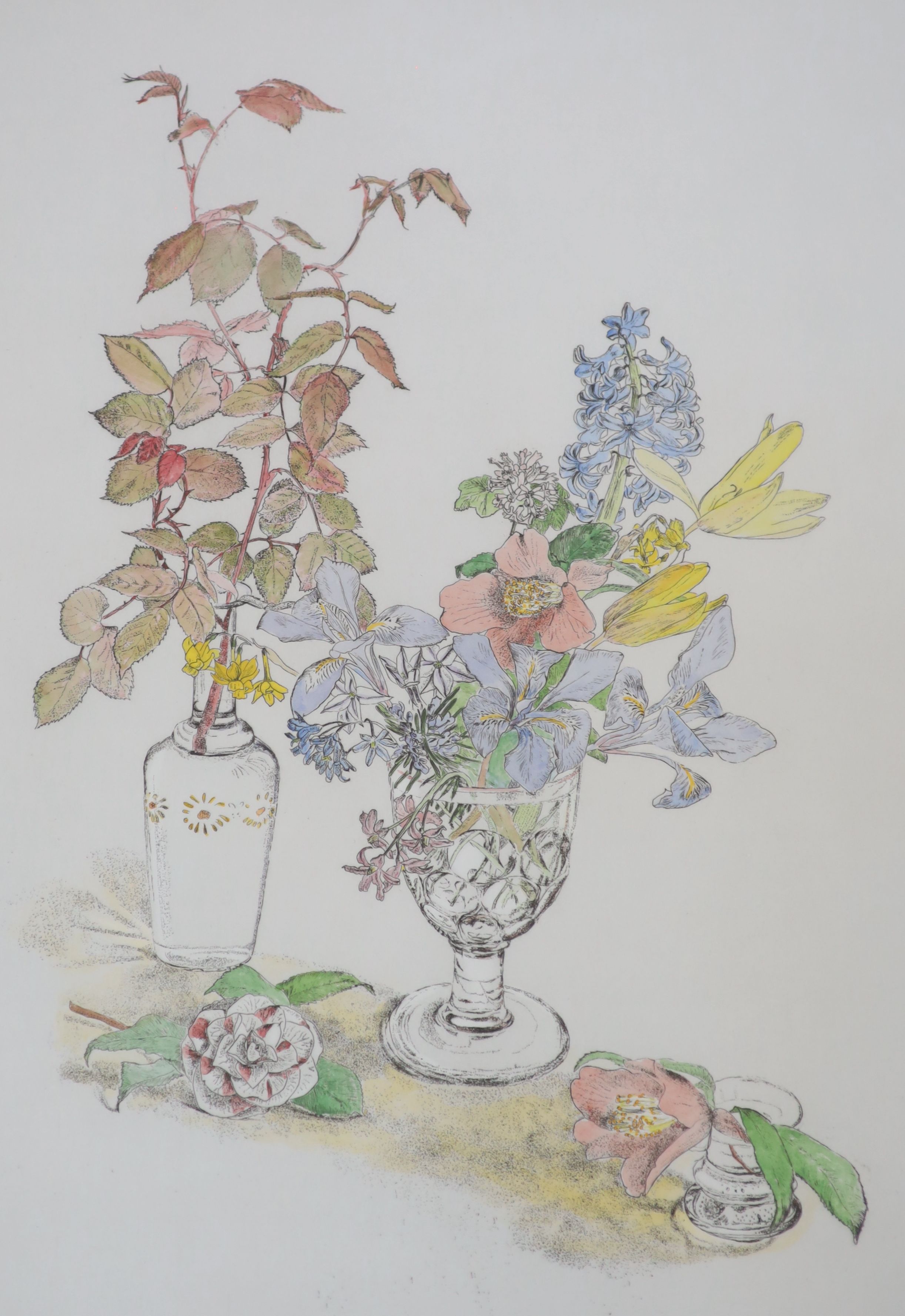 Gillian Whaite (1934-2012), etching and watercolour, 'Flowers', signed, 30/60, 59 x 44cm and R. A.Elliott, watercolour, Untitled, signed in pencil, 69 x 48cm